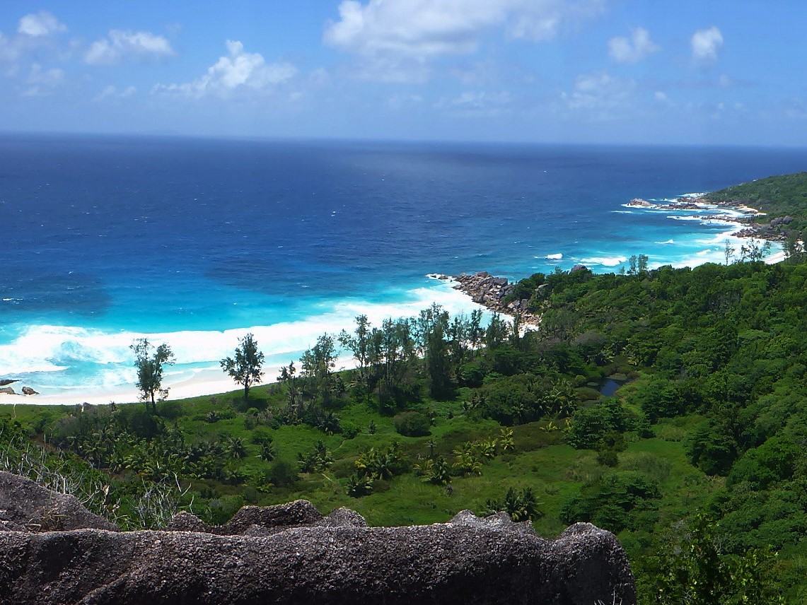 View of the sandy bays in the south of La Digue