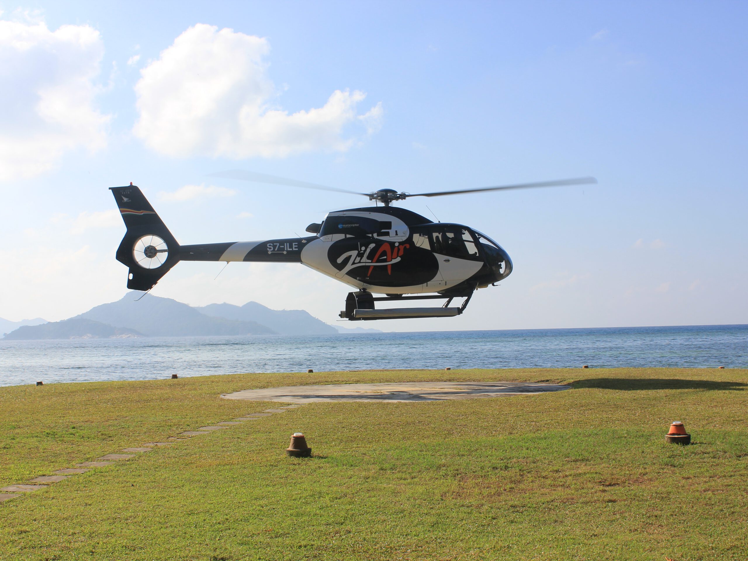 Arrival La Digue by helicopter